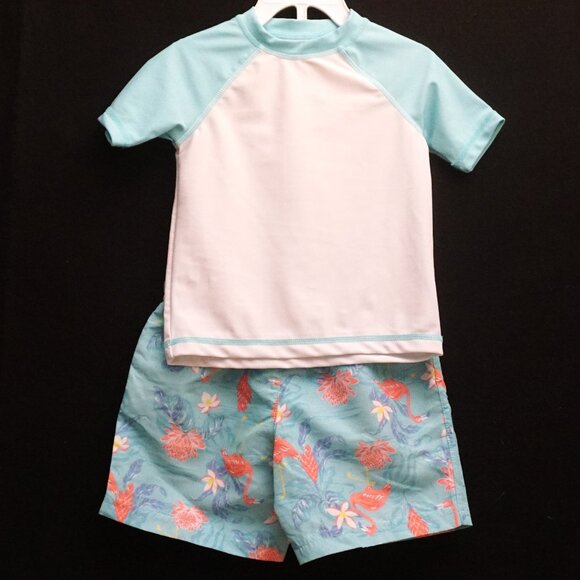 Tommy Bahama Swim Set Teal White with Flamingo Print Boys Size 24 Months